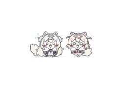  2girls :3 absurdres animal_ears bandaid bandaid_hair_ornament blonde_hair blush_stickers chibi chibi_only chiikawa commentary crossover dog_ears dog_girl dog_tail english_commentary full_body fur-trimmed_jacket fur_trim fuwawa_abyssgard fuwawa_abyssgard_(1st_costume) hair_ornament highres hololive hololive_english jacket looking_at_viewer mococo_abyssgard mococo_abyssgard_(1st_costume) multicolored_hair multiple_girls siblings simple_background sisters streaked_hair tail twins virtual_youtuber white_background yamiescupid 