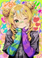  1girl ;) absurdres ahoge alternate_hairstyle anjerain bandaid bandaid_on_face bandaid_on_nose black_shirt blonde_hair blue_sleeves blush closed_mouth commentary double_bun fingernails food-themed_hair_ornament green_eyes green_hair green_sleeves hair_bun hair_ornament hairclip hands_on_own_cheeks hands_on_own_face highres hoshii_miki idolmaster idolmaster_(classic) layered_sleeves long_sleeves looking_at_viewer multicolored_sleeves nail_polish one_eye_closed onigiri_hair_ornament pink_sleeves print_shirt purple_sleeves shirt short_over_long_sleeves short_sleeves smile solo star_(symbol) star_hair_ornament strawberry_hair_ornament striped_sleeves upper_body 