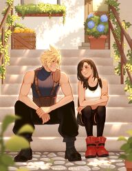  1boy 1girl absurdres ankle_boots arm_on_own_leg artist_name black_boots black_pants black_skirt black_sports_bra black_thighhighs blonde_hair boots box brown_hair closed_mouth cloud_strife commentary door earrings english_commentary eyelashes final_fantasy final_fantasy_vii final_fantasy_vii_rebirth final_fantasy_vii_remake food fruit full_body green_eyes grey_shirt hand_on_own_arm head_tilt height_difference highres house jewelry katsuartsu lemon long_hair looking_afar looking_at_another looking_to_the_side midriff miniskirt navel outdoors pants plant potted_plant railing red_boots red_eyes ribbed_shirt shirt short_hair sitting sitting_on_stairs skirt sleeveless sleeveless_shirt slim_legs spiky_hair sports_bra stairs stone_floor suspender_skirt suspenders teardrop_earrings thigh-highs tifa_lockhart toned toned_male turtleneck white_shirt wide_shot window 