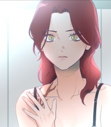  1girl character_request closed_mouth collarbone colored_eyelashes commentary_request hand_up highres korean_commentary let_ink long_hair pale_skin portrait re-blooming red_hair solo yellow_eyes 