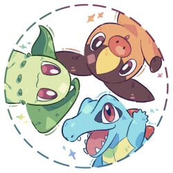  :3 :d :o arm_up bright_pupils brown_eyes chikorita ci_spl circle_formation closed_mouth commentary english_commentary looking_at_viewer no_humans open_mouth pokemon pokemon_(creature) pokemon_focus red_eyes sharp_teeth simple_background smile sparkle starter_pokemon_trio teeth tepig totodile white_background white_pupils 