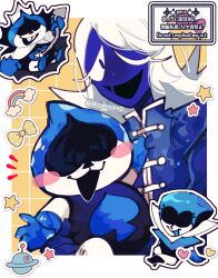  1girl 3boys :3 :d :p artist_name black_boots blue_eyes blue_gloves blue_jacket blue_skin blush_stickers boots border bow buck_teeth carrying carrying_person chibi chibi_inset colored_eyelashes colored_skin commentary_request crown deltarune flipped_hair full_body gloves grid_background jacket king_(deltarune) lancer_(deltarune) long_eyelashes long_hair looking_at_viewer loose_hair_strand male_focus multiple_boys mystical_high_collar no_eyes no_nose notice_lines one_eye_closed open_mouth outline polka_dot polka_dot_bow queen_(deltarune) rainbow repikinoko rouxls_kaard signature smile spade_(shape) spade_print star_(symbol) stomach_mouth teeth tongue tongue_out twitter_username ufo upper_body utdr_(toby_fox) watermark white_border white_crown white_hair white_outline white_skin yellow_background yellow_bow 
