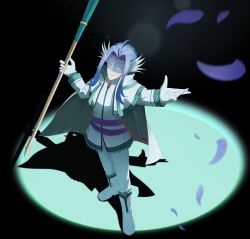  1boy absurdres ahoge black_background bleublanc boots brooch cape commentary corecamilox4 curtained_hair eiyuu_densetsu english_commentary eye_mask falling_petals floating_cape frilled_jacket frills from_above full_body gem gloves highres holding holding_staff holding_weapon jacket jewelry knee_boots long_hair long_sidelocks long_sleeves looking_at_viewer looking_up male_focus mask metal_mask pants pants_tucked_in parted_bangs parted_lips petals purple_petals purple_sash red_gem sash sidelocks smile solo sora_no_kiseki spotlight staff standing waist_sash weapon white_boots white_cape white_gloves white_jacket white_pants 