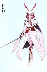  1girl animal_ears artist_name blue_background boots closed_mouth commentary_request fox_ears full_body geoe9 holding holding_sword holding_weapon honkai_(series) honkai_impact_3rd japanese_clothes katana kimono looking_at_viewer obi pink_hair sash shiromuku simple_background solo sword uchikake violet_eyes weapon white_boots white_kimono yae_sakura yae_sakura_(gyakushinn_miko) yae_sakura_(sublime_lotus) 
