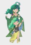  2girls aged_up blue_eyes cape closed_mouth detached_sleeves dual_persona earrings final_fantasy final_fantasy_iv full_body green_hair hair_ornament highres jewelry kebe6p leotard long_hair looking_at_viewer multiple_girls rydia_(ff4) simple_background smile white_background 