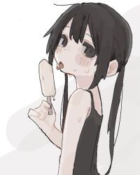  1girl black_eyes black_hair black_shirt blush commentary food food_in_mouth from_side hair_between_eyes highres holding holding_food holding_ice_cream ice_cream long_hair looking_at_viewer loose_hair_strand melting_ice_cream nnnnii_o0 original shirt simple_background sleeveless sleeveless_shirt solo sweat twintails untranslatable_commentary upper_body white_background 