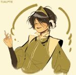  1girl ^_^ artist_name avatar:_the_last_airbender avatar_legends black_hair blush closed_eyes green_hairband green_jacket hairband head_tilt highres jacket open_mouth short_hair smile solo toph_bei_fong tualptie upper_body yellow_background 