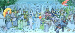  6+boys 6+girls architecture baby balloon bird blue_pants blue_shirt blue_skin boots building child colored_skin cool_colors creature day dress drinking_straw eating goggles green_dress green_skin green_vest hand_on_another's_shoulder hat hawk helmet holding holding_balloon leaf leash machine moebius multiple_boys multiple_girls old open_mouth original outdoors pants pet retrofuturism science_fiction shirt shoes sidewalk standing tree vest wide_shot 