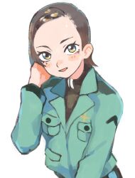  1girl aqua_jacket black_hair breast_pocket comoli_harcourt forehead gan2 gundam gundam_gquuuuuux hand_up highres jacket long_sleeves military_uniform mole mole_under_eye open_mouth pocket short_hair simple_background smile solo white_background yellow_eyes 