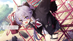  1girl :d absurdres adarin ahoge black_cardigan cardigan commentary day english_commentary english_text hair_between_eyes hair_flaps hair_ornament hairclip highres hololive hololive_english jewel_under_eye koseki_bijou koseki_bijou_(serafuku) long_hair_between_eyes looking_at_viewer miniskirt neckerchief official_alternate_costume official_alternate_hairstyle open_mouth outdoors pebble_(koseki_bijou) playground pleated_skirt ponytail purple_hair purple_neckerchief sailor_collar school_uniform serafuku shirt sidelocks skirt smile solo speech_bubble teeth thigh_strap upper_teeth_only violet_eyes virtual_youtuber white_sailor_collar white_serafuku white_shirt white_skirt 