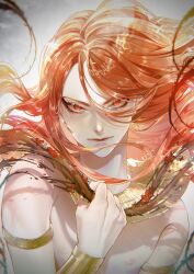  1boy absurdres androgynous armlet bracelet bright_background closed_mouth commentary_request cuso4_suiwabutu earrings ennead eyeliner floating_hair flower glint gold_armlet gold_bracelet gold_earrings hand_up highres jewelry lips long_hair long_sidelocks loosely_tucked_bangs makeup male_focus nipples plant red_eyeliner red_eyes red_flower red_hair sanpaku seth_(ennead) sidelocks solo topless_male tsurime upper_body upturned_eyes usekh_collar v-shaped_eyebrows vines 
