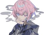  1boy :d black_shirt blue_eyes bright_pupils cigarette cowlick ear_ornament earrings heterochromia highres holding holding_cigarette jewelry long_sleeves looking_at_viewer male_focus open_mouth original pink_eyes pink_hair raito-kun_(uenomigi) shirt short_hair shoulder_tattoo sidelocks simple_background smile smoke smug solo striped stud_earrings tattoo uenomigi white_background white_pupils 
