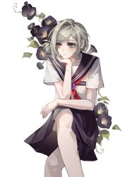  1girl absurdres alternate_costume black_sailor_collar black_skirt chinese_commentary commentary_request crossed_legs feet_out_of_frame flower grey_eyes grey_hair hair_bun hand_on_own_chin highres invisible_chair kk_kekong looking_to_the_side miniskirt morning_glory neckerchief purple_flower red_neckerchief reverse:1999 sailor_collar school_uniform serafuku shirt short_hair single_side_bun sitting skirt solo vertin_(reverse:1999) white_background white_shirt 