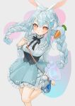  1girl :o absurdres animal_ear_fluff animal_ears aqua_nails bag blue_dress blush braid breasts dress foot_out_of_frame frills gotoh510 grey_background grey_hair hand_up handbag highres hololive long_hair looking_at_viewer medium_breasts nail_polish open_mouth orange_eyes rabbit_ears rabbit_tail simple_background solo standing standing_on_one_leg tail thick_eyebrows twin_braids usada_pekora very_long_hair 