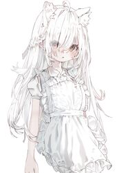  1girl absurdres ahoge animal_ear_fluff animal_ears apron brown_eyes cat_ears dress hair_over_one_eye highres komi_eshi long_hair original simple_background solo white_apron white_background white_dress white_hair 