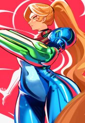  1girl absurdres arm_cannon armor blue_bodysuit bodysuit fusion_suit green_eyes highres long_hair luke_hanley metroid metroid_ravenous mismatched_arms ponytail power_armor power_suit_(metroid) samus_aran shirt skin_tight solo tight_clothes very_long_hair weapon white_shirt 