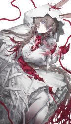  1girl amiya_(arknights) amiya_(medic)_(arknights) amiya_(medic)_(the_unbounded_folio)_(arknights) animal_ears arknights blood_on_sleeves blue_eyes brown_hair chinese_commentary colored_extremities commentary_request crown dress ears_through_headwear ears_through_hood floating_crown floating_ribbon foot_out_of_frame gradient_pantyhose hair_between_eyes harper's_bazaar highres holding hood hood_up hooded_dress jewelry long_hair long_sleeves looking_at_viewer lying multiple_rings official_alternate_costume on_side rabbit_ears rabbit_girl red_hands red_ribbon rengua ribbon ring ring_on_every_finger solo white_dress 