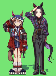  2girls absurdres animal_ears beanie black_hair black_pants black_shirt blue_necktie blush bracelet brown_hair closed_mouth collared_shirt commentary_request diagonal-striped_clothes diagonal-striped_necktie ears_through_headwear fenomeno_(gouki_naru_shien)_(umamusume) fenomeno_(umamusume) flipped_hair frown gold_necklace green_background hair_between_eyes hat highres horned_hat horse_ears horse_girl horse_tail jacket jewelry long_hair long_sleeves looking_at_viewer multicolored_hair multiple_girls necklace necktie no_uwazumi official_alternate_costume open_clothes open_jacket open_mouth pants purple_hair salute sharp_teeth shinko_windy_(gabugabu_scamp)_(umamusume) shinko_windy_(umamusume) shirt shoes short_hair simple_background skirt smile striped_clothes striped_necktie tail teeth teeth_print umamusume violet_eyes 