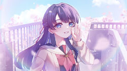 1girl bless_you!_(love_live!) blue_eyes blue_sky blush braid brown_cardigan brown_dress cardigan cherry_blossoms clouds commentary_request day dress falling_petals grin half_up_braid hand_up hasu_no_sora_school_uniform highres instagram_username long_hair long_sleeves looking_at_viewer love_live! love_live!_hasu_no_sora_jogakuin_school_idol_club mochi_tsu22 murano_sayaka neckerchief open_cardigan open_clothes outdoors petals pink_petals purple_hair red_neckerchief sailor_collar sailor_dress school_uniform signature sky smile solo twitter_username upper_body virtual_youtuber white_sailor_collar winter_uniform 