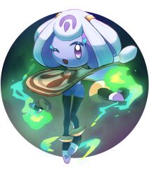  1girl colored_skin commentary_request dekin_santa energy full_body highres kirby_(series) kirby_and_the_world_beyond looking_at_viewer multicolored_hair mysterious_girl_(kirby_and_the_world_beyond) one_eye_closed open_mouth purple_hair purple_skin rayman_limbs solo two-tone_hair white_hair 