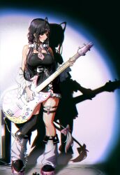  1girl absurdres ahoge amplifier bass_guitar black_dress black_hair blush braid chromatic_aberration commentary detached_collar detached_sleeves dress earrings full_body goth_fashion highres holding holding_bass_guitar holding_instrument instrument jewelry loose_socks low_twintails multicolored_hair multiple_earrings nijisanji parted_lips purple_hair single_thighhigh socks solo spotlight streaked_hair thigh-highs thigh_strap timegate_f twintails untranslatable_commentary violet_eyes virtual_youtuber yagyu_shino yagyu_shino_(2nd_costume) 