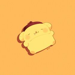  :3 animal animal_focus beret brown_hat closed_eyes closed_mouth commentary_request dog drooling full_body hat lying no_humans on_back orange_background pompompurin sanrio signature simple_background sleeping solo tenmiyakiyo 