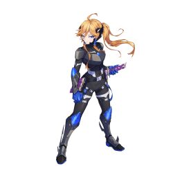  1girl absurdres alternate_costume alternate_hairstyle armor armored_boots azure_striker_gunvolt belt blade_(gunvolt) blonde_hair body_armor bodysuit boots breasts chest_jewel commission commissioner_upload covered_navel eyelashes gauntlets gunvolt_chronicles_luminous_avenger_ix hand_on_hilt highres kiauwrenn knee_armor long_bangs long_hair long_sidelocks medium_breasts non-web_source ponytail scabbard sheath shoulder_armor sidelocks solo suspenders_hanging swept_bangs sword thigh_strap thighs transparent_background weapon 