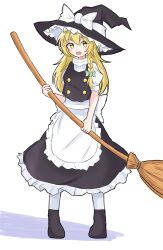  1girl apron back_bow black_boots black_hat black_skirt black_vest blonde_hair blush boots bow braid broom commentary_request full_body green_bow hair_bow hat hat_bow highres holding holding_broom kirisame_marisa long_hair looking_at_viewer open_mouth pantyhose puffy_short_sleeves puffy_sleeves short_sleeves side_braid single_braid skirt smile solo touhou vest vold waist_apron white_apron white_bow white_pantyhose witch_hat yellow_eyes 