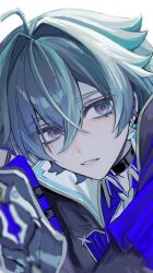  1boy ahoge aqua_eyes black_choker black_jacket blue_cape blue_shirt blurry blurry_foreground cape choker collared_shirt commentary crossed_bangs earrings empty_eyes eyepatch genshin_impact green_hair hair_between_eyes highres jacket jewelry lapels lips lohen_(genshin_impact) long_sleeves looking_afar male_focus mole mole_under_eye multicolored_eyes open_clothes open_jacket pale_skin pink_pupils qgmfagyujz73364 shirt short_hair simple_background single_earring smile solo teeth two-sided_fabric two-sided_jacket untranslatable_commentary upper_body violet_eyes white_background white_jacket 