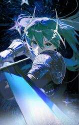 1girl aiming aiming_at_viewer armor closed_mouth gauntlets green_eyes green_hair hair_between_eyes hair_ornament hatsune_miku highres holding holding_sword holding_weapon looking_at_viewer requiem_(requiem_art) shoulder_armor star_(symbol) star_hair_ornament sword twintails vocaloid weapon 