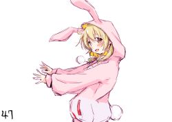  1girl :d absurdres animal_costume animal_ears animal_hood aucufeo blonde_hair blush commentary_request fake_animal_ears fake_tail from_side hair_between_eyes hidamari_sketch highres hood hood_up looking_at_viewer looking_to_the_side messy_hair miyako_(hidamari_sketch) numbered open_mouth outstretched_arms rabbit_costume rabbit_ears rabbit_hood rabbit_tail simple_background smile solo tail white_background yellow_eyes 