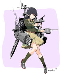  1girl adapted_turret artist_name black_hair braid cannon dated green_serafuku green_shirt hair_over_shoulder highres holding holding_turret kantai_collection kitakami_(kancolle) kitakami_kai_san_(kancolle) long_hair long_sleeves mast mochisaka_mitsuki neckerchief pleated_skirt rigging sailor_collar sailor_shirt school_uniform serafuku ship_turret shirt skirt smile solo torpedo_launcher torpedo_tubes white_background white_neckerchief yellow_sailor_collar yellow_skirt 