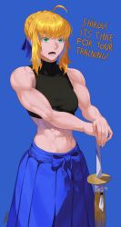  1girl abs absurdres ahoge artist_name artoria_pendragon_(fate) black_sports_bra blonde_hair blue_skirt braid braided_base braided_bun breasts bun_with_braided_base commentary english_commentary english_text fate/stay_night fate_(series) green_eyes hair_bun hair_ribbon highres kendo long_skirt looking_at_viewer medium_breasts more_muscular_than_canon muscular muscular_female navel planted planted_sword ribbon saber_(fate) short_hair skirt sleeveless solo sports_bra sword talking tri1zz weapon 