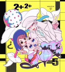  1boy 1girl :d aqua_necktie berry_(pokemon) blacephalon blue_eyes blue_hat braid brown_eyes brown_hair chandelier chandelure chikafuji coat collared_shirt commentary_request dated emmet_(pokemon) fire gloves grey_eyes grey_hair hat highres jigglypuff juliana_(pokemon) looking_at_viewer naranja_academy_school_uniform necktie open_mouth oran_berry orange_necktie orange_shorts pokemon pokemon_(creature) pokemon_black_and_white pokemon_scarlet_and_violet polka_dot purple_fire school_uniform shirt short_sleeves shorts simple_background smile upper_body v white_coat white_gloves white_hat white_shirt yellow_background yellow_eyes 