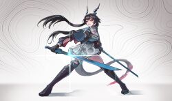  1girl absurdres alk_(4lk_uq) arknights arknights:_endfield black_boots black_gloves black_hair blue_jacket boots brown_eyes chen_qianyu_(arknights) commentary dragon_girl dragon_horns dragon_tail dual_wielding english_commentary gloves highres holding horns jacket long_hair open_mouth skirt solo tail thigh_boots twintails white_skirt 