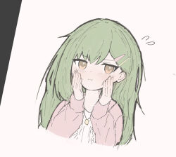  1girl :i bloom_garden_party_jacket blush cheek_press closed_mouth commentary_request cropped_torso embarrassed flying_sweatdrops green_hair hair_ornament hairclip hands_on_own_cheeks hands_on_own_face hood hooded_jacket jacket jewelry long_hair long_sleeves looking_at_viewer love_live! love_live!_hasu_no_sora_jogakuin_school_idol_club love_live!_hasu_no_sora_jogakuin_school_idol_club_bloom_garden_party necklace ogami_sachi open_clothes open_jacket orange_eyes parallel_hairclips pink_jacket solo sweater tokusa_(sachi_biglove) unfinished white_sweater 