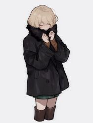  1girl :d ashley_graham black_coat borrowed_clothes closed_eyes coat commentary highres jewelry long_sleeves open_mouth orange_sweater plaid_clothes plaid_skirt resident_evil resident_evil_4 resident_evil_4_(remake) ring short_hair skirt sleeves_past_wrists smile solo sweater veroq77 white_background 