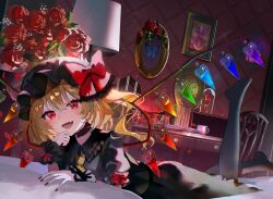  1girl alternate_color alternate_wings ascot bed black_hat black_pantyhose black_shirt black_skirt blonde_hair bow chair choker collared_shirt commentary_request desk fang flandre_scarlet flower frilled_shirt_collar frills hat hat_bow highres indoors leg_up looking_at_viewer lying mob_cap multicolored_wings on_bed on_stomach one_side_up open_mouth painting_(object) pantyhose red_choker red_eyes red_flower red_nails red_rose rose sakizaki_saki-p shirt skin_fang skirt skirt_set smile solo stitched third-party_edit touhou wings yellow_ascot 