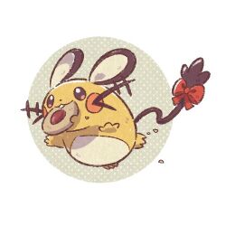  border bow bright_pupils brown_eyes ci_spl cookie crumbs dedenne food food_in_mouth green_background jumping lowres mouse_(animal) mouth_hold no_humans outside_border pokemon pokemon_(creature) pokemon_focus polka_dot polka_dot_background red_bow round_border solo tail tail_bow tail_ornament thumbprint_cookie whiskers white_border white_pupils 