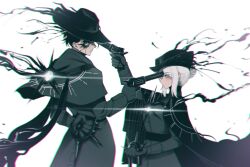  1boy 1girl absurdres aiming_at_another arm_behind_back black_capelet black_coat black_gloves black_hat blue_eyes capelet coat cowboy_shot faust_(project_moon) gloves gun hat highres holding holding_gun holding_weapon hollow_(e.g.o) limbus_company meursault_(project_moon) misg1111 project_moon revolver short_hair simple_background smoke suppressor weapon white_background white_hair 
