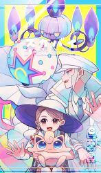  1boy 1girl :d blacephalon blue_border blue_eyes border braid brown_eyes brown_hair chandelier chandelure chikafuji coat collared_shirt commentary_request emmet_(pokemon) fire grey_eyes grey_hair hat highres jigglypuff juliana_(pokemon) looking_at_another looking_at_viewer naranja_academy_school_uniform necktie open_mouth orange_necktie orange_shorts peaked_cap pokemon pokemon_(creature) pokemon_black_and_white pokemon_scarlet_and_violet purple_fire school_uniform shirt short_hair short_sleeves shorts smile standing upper_body white_coat white_hat white_shirt yellow_background yellow_eyes 