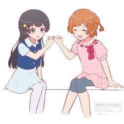  2girls :d :o ^_^ aged_down aijo_karen arm_at_side artist_name black_hair blue_dress blue_eyes blue_vest brown_hair buttons child closed_eyes collared_dress commentary cropped_legs crown_hair_ornament dot_nose dress facing_another frilled_dress frills grey_shorts hair_ornament hand_rest hand_up highres kagura_hikari long_hair looking_at_another moy0i multiple_girls one_side_up open_mouth pantyhose parted_bangs pink_dress pinky_out pinky_swear puffy_short_sleeves puffy_sleeves red_ribbon ribbon ribbon-trimmed_dress ribbon_trim short_dress short_hair short_sleeves shorts shoujo_kageki_revue_starlight signature simple_background sitting smile sparkle_hair_ornament twitter_username vest watermark white_background white_pantyhose 