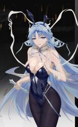  1girl absurdres alternate_costume animal_ear_hairband animal_ears bare_shoulders black_bow black_bowtie black_leotard blue_eyes blue_hair bow bowtie breasts covered_navel fake_animal_ears fiery_horns hair_ornament hair_stick hairband hand_up highres horns large_breasts leotard long_hair low_neckline parted_lips playboy_bunny qingxiao_(wuthering_waves) rabbit_ear_hairband rabbit_ears simple_background smile solo strapless strapless_leotard sword_fingers sydiiiiiii tacet_mark_(wuthering_waves) thighs white_background wuthering_waves 