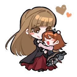  2girls ascot black_corset black_dress black_skirt brown_hair chibi chinese_commentary closed_eyes commentary_request corset crown dress frilled_socks frills heart hug juewang_de_da_zhu juliet_sleeves long_hair long_sleeves looking_at_another mary_janes medium_hair mini_crown mother_and_child mother_and_daughter multiple_girls parent_and_child pink_shirt puffy_sleeves red_shoes red_skirt shirt shoes skirt smile socks umineko_no_naku_koro_ni ushiromiya_maria ushiromiya_rosa white_ascot white_background white_socks 