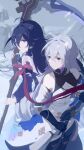  2girls ahoge arm_scarf bare_shoulders bear_minstrel black_gloves blue_eyes blue_hair breasts bronya_rand closed_mouth earrings elbow_gloves english_commentary fighting_stance fingerless_gloves gloves grey_eyes grey_hair gun hair_between_eyes highres holding holding_scythe honkai:_star_rail honkai_(series) jewelry medium_breasts multiple_girls red_scarf rifle scarf scythe seele_(honkai:_star_rail) standing v-shaped_eyebrows weapon 