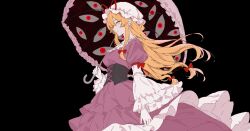  1girl black_background black_corset blonde_hair bow closed_mouth commentary corset dress frilled_sleeves frills gap_(touhou) hair_bow hat hat_ribbon holding holding_umbrella long_hair long_sleeves looking_at_viewer mob_cap multiple_hair_bows nekoffien parasol pink_umbrella purple_dress red_bow red_ribbon ribbon simple_background smile solo touhou umbrella very_long_hair white_hat wide_sleeves yakumo_yukari yellow_eyes 