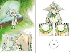  ... 1girl aeternus animal_ears bib_collar body_horror bow close-up colored_sclera covering_one_eye dandelion dandelion_clock demeter_(aeternus) dress flower from_behind full_body goomyloid grass grey_sclera hair_intakes highres indoors leaf long_hair long_sleeves nature official_art plant reflection speech_bubble standing very_long_hair vines white_eyes 