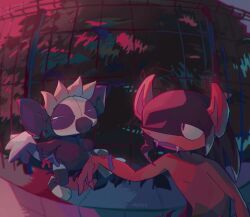  73sitimi black_hair colored_skin fangs fence grafaiai green_eyes highres iron_fence lemur morgrem narrowed_eyes no_humans pink_eyes pink_skin pokemon pokemon_(creature) pokemon_focus teeth 