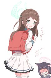  2girls absurdres airi_(blue_archive) animal_ears backpack bag blue_archive blush bow brown_hair cat_ears cat_girl colored_inner_animal_ears colored_inner_hair extra_ears green_eyes green_halo green_sailor_collar halo highres kazusa_(blue_archive) long_hair long_sleeves looking_at_viewer multicolored_hair multiple_girls open_mouth pink_hair pink_halo pleated_skirt randoseru red_bag sailor_collar school_uniform serafuku shirt simple_background skirt smile takanawa thigh-highs two-tone_hair white_background white_shirt white_skirt 