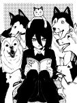  1girl absurdres animal_on_head black_background black_hair black_shirt book cat chainsaw_man dog greyscale hair_between_eyes halftone halftone_background highres holding holding_book husky looking_at_object looking_down meowy_(chainsaw_man) mole mole_under_eye monochrome nayuta_(chainsaw_man) on_head reading ringed_eyes shirt short_hair simple_background thigh-highs tongue tongue_out yones81239278 